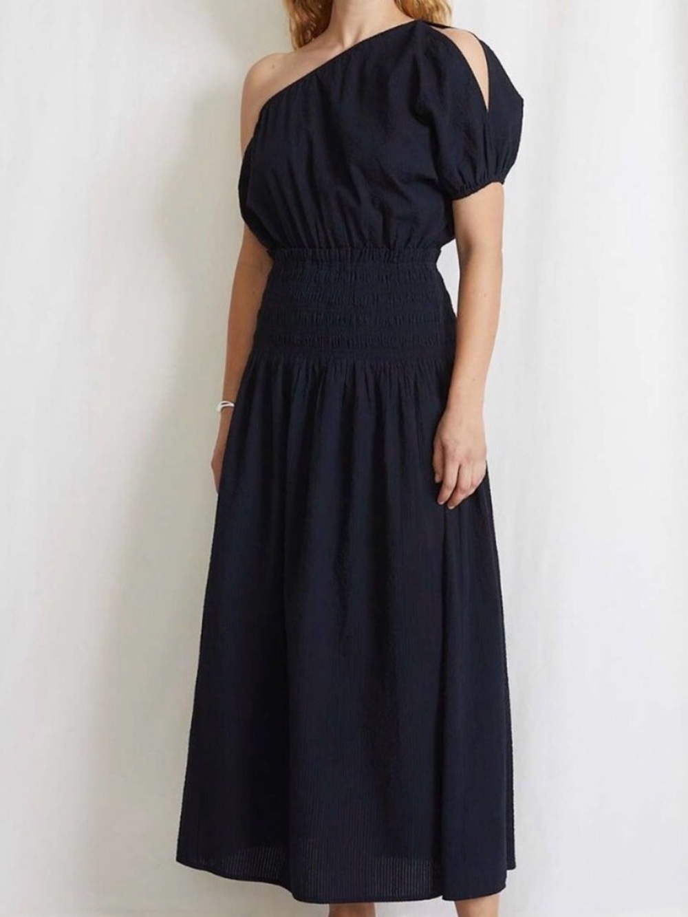 Apiece apart Marta One-Shoulder Black Cotton Seersucker Maxi Dress NWOT